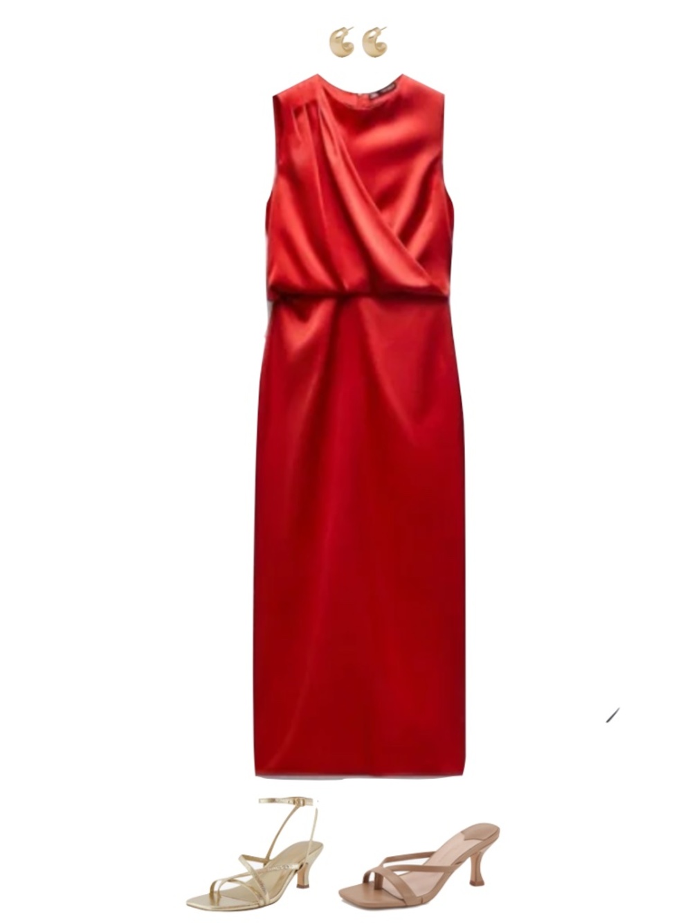 Zara Red Long Satin Effect Draped Dress Size Large L